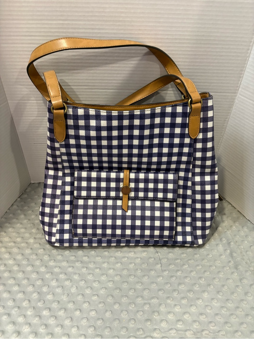 St. John's Bay Navy & White Gingham Shoulder Bag with Tan Trim